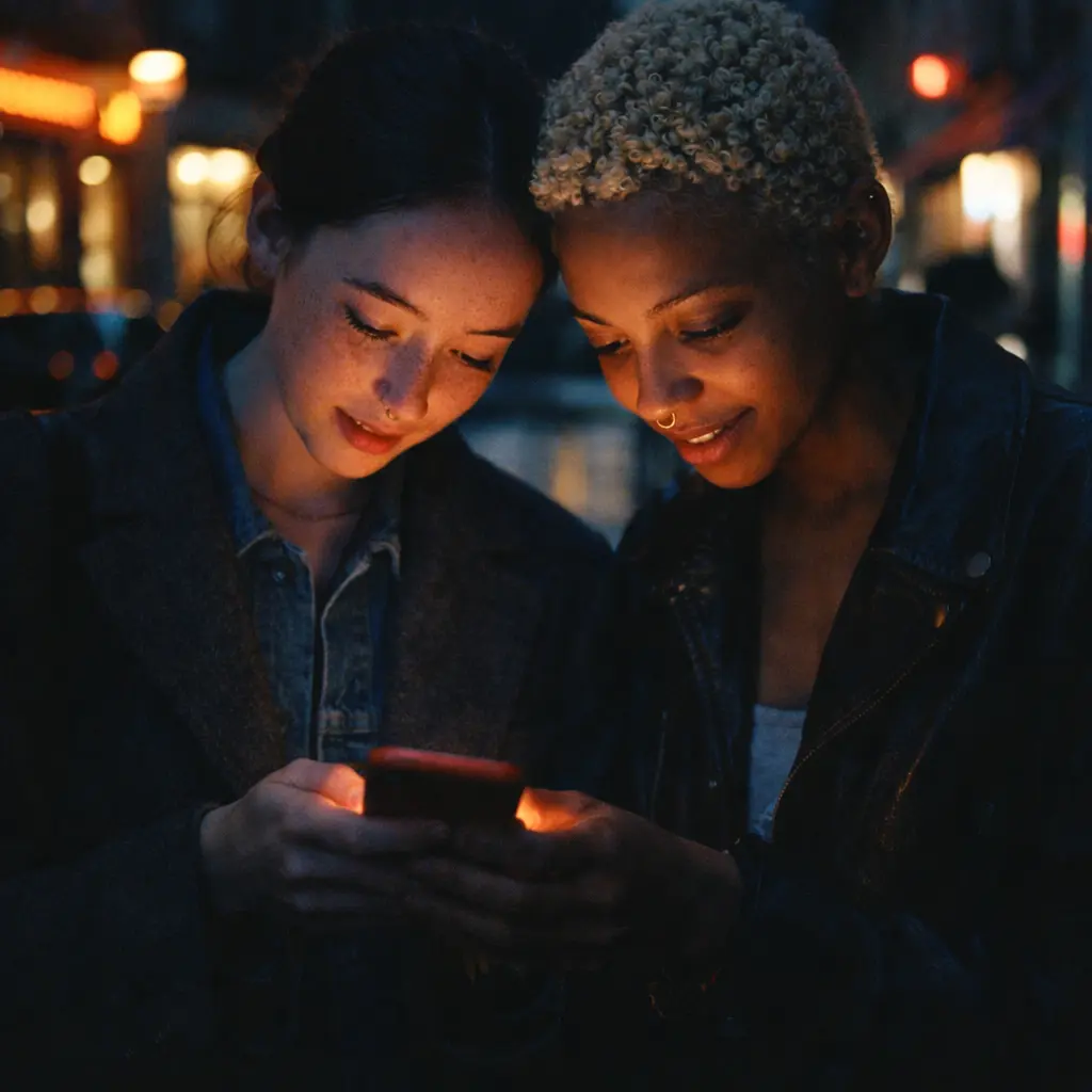Two friends browsing food walks on a phone at night