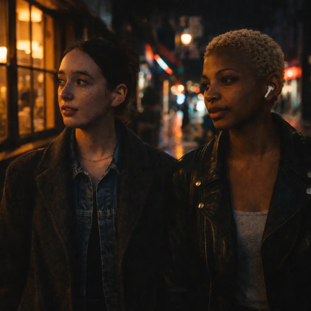 Friends walking through London streets with earbuds in
