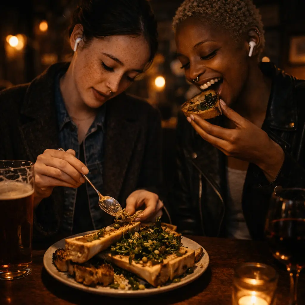 Friends sharing a plate of food in a candlelit restaurant