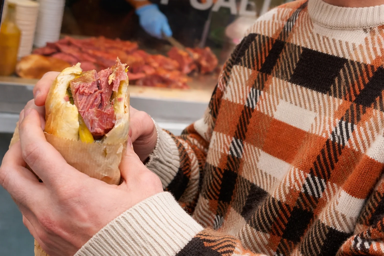 Salt beef beigel from a Brick Lane shop window